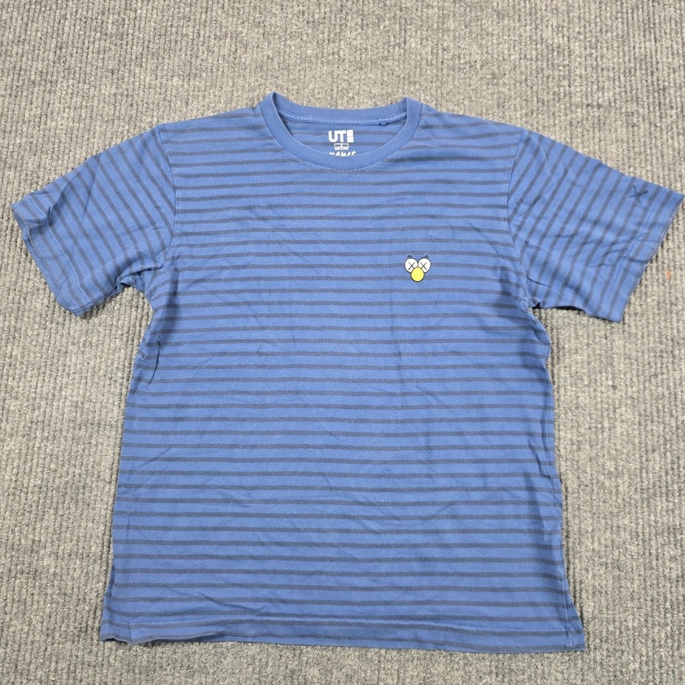 Uniqlo UT KAWS Shirt Mens Small Blue Striped Embroidered Face Graphic Tee - Picture 2 of 5